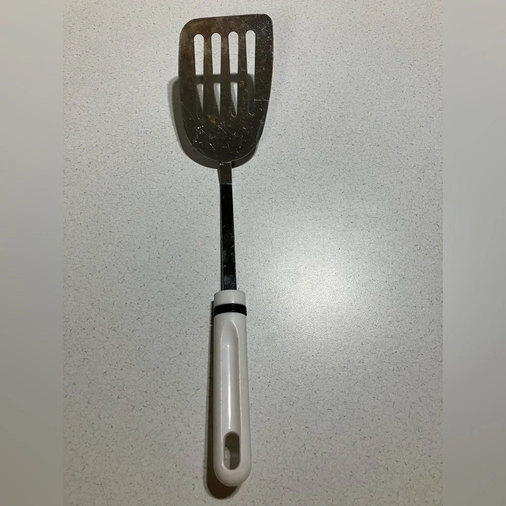 Slotted Metal Spatula Turner Flipper White Melamine Handle 13.5” Vintage